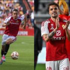 A l'esquerra, el màxim golejador del Nàstic, Pablo Fernández, i a la dreta, el capità murcià, Pedro León.