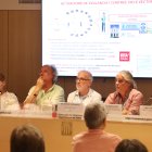 Els representants de Salut Pública i altres departaments de la Generalitat Mercè Soler, Ricard Casanovas, Esteve Fernández, Jacobo Mendioroz i Carme Chacón, durant la roda de premsa sobre l'arbovirosi