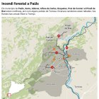 Mapa de situació de l'incendi forestal a Paüls, actualitzat a les 9h del matí del 9 de juliol, amb la reobertura de les carreteres C-12 i C-43. Es manté la situació dels municipis amb confinament domiciliari i municipal