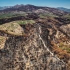 Zona cremada pel foc de Paüls amb alguna finca supervivent