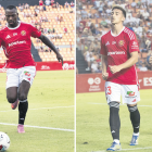 A l’esquerra, Cedric Omoigui durant el duel contra l’Andorra i, a la dreta, Marcos Baselga després de marcar al Real Zaragoza.