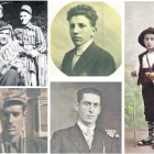 Miquel Maydeu (al fons esquerre), Andreu Blasi (a la cantonada esquerra, assegut i amb l’uniforme de ratlles obligatori dels camps de concentració), Alexandre Simó (al centre superior), Pere Baseda (al centre inferior) i Ramón Guinovart (cantonada dreta).