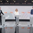 Imatge d'arxiu de Pedro Sánchez, Yolanda Díaz i Santiago Abascal, al debat a tres de TVE