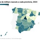 Mapa amb el nombre de militars nascuts a cada província el 2024