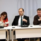 La consellera de Territori, Sílvia Paneque, el conseller de la Presidència, Albert Dalmau, i el secretari d'Estat de Transports, José Antonio Santano, en la nova reunió de seguiment de Rodalies