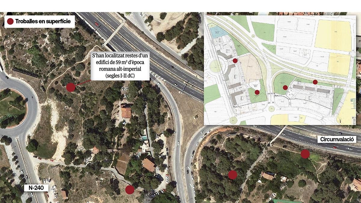 Mapa de los hallazgos iniciales en superficie. A la derecha, plano del proyecto de urbanización, con las dos zonas de edificios previstas.