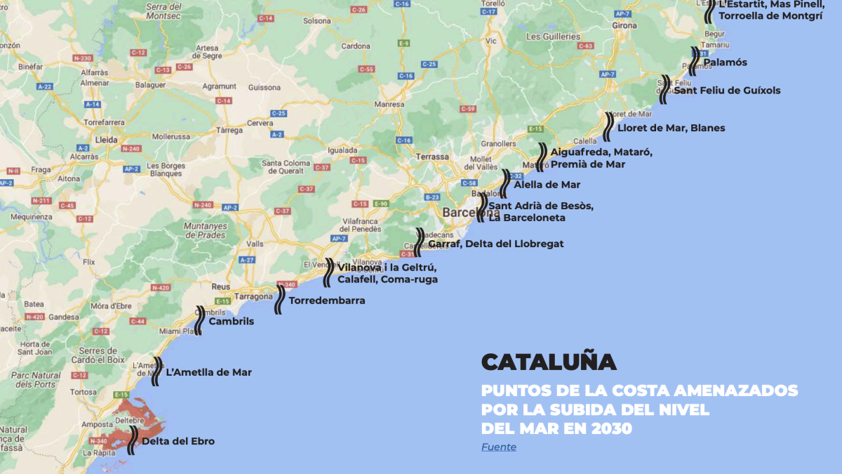 Punts de la costa amenaçats per la pujada del nivell del mar l'any 2030.