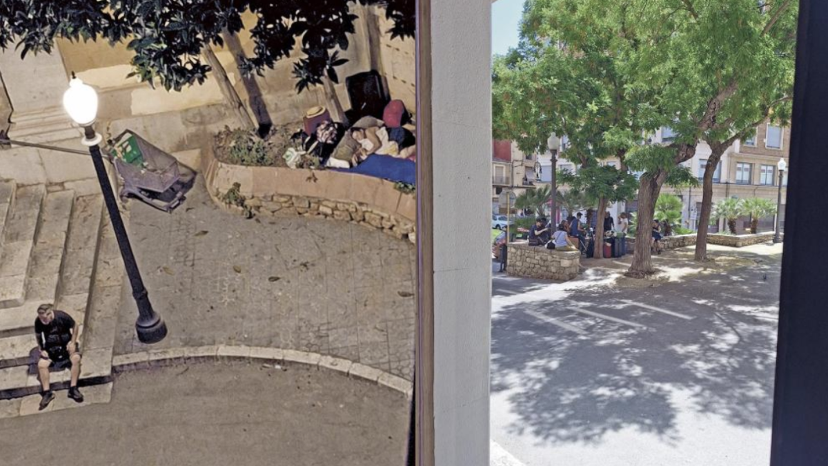 Gran parte de las personas que se reúnen diariamente en la plaza de la Mitja Lluna son personas sin techo o están en situación de vulnerabilidad.