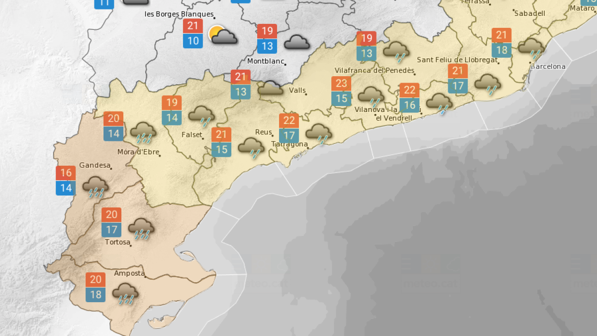 Mapa del Camp de Tarragona i les Terres de l'Ebre amb els avisos taronja i groc