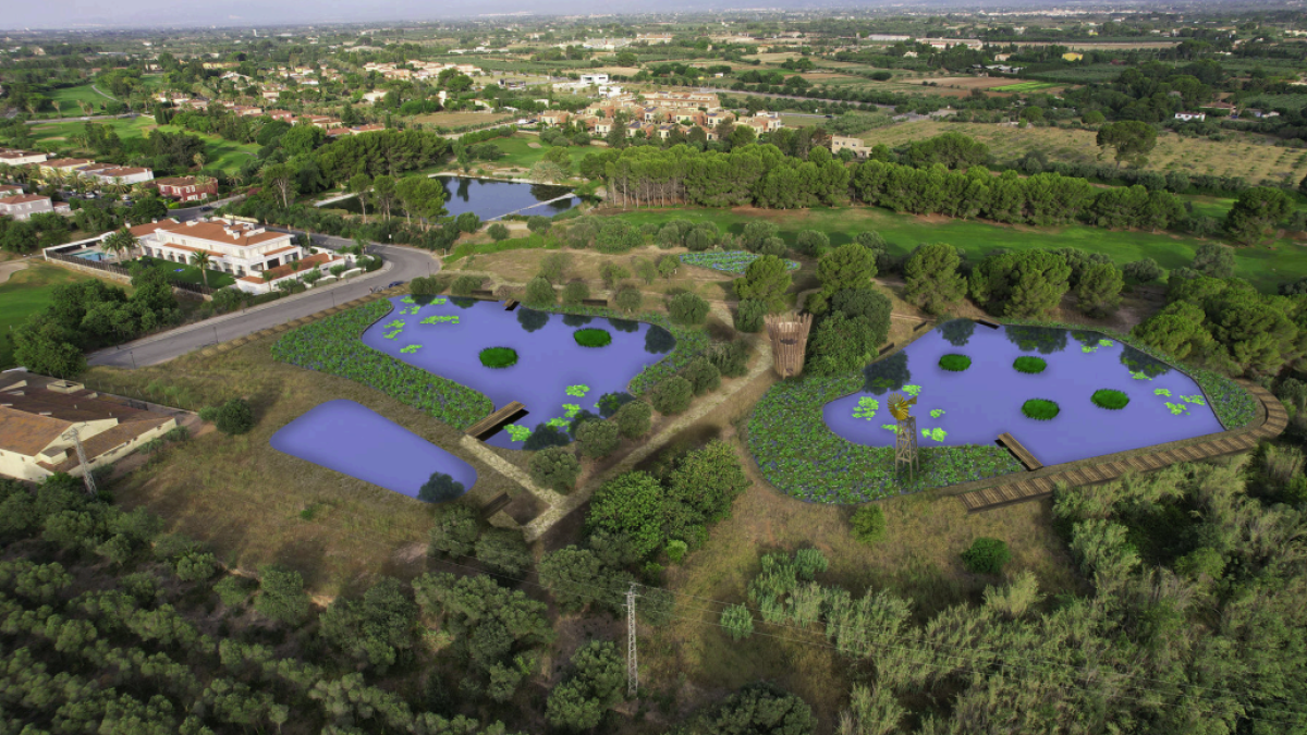 Imagen digital aérea de cómo serán las balsas renaturalizadas en Aigüesverds.