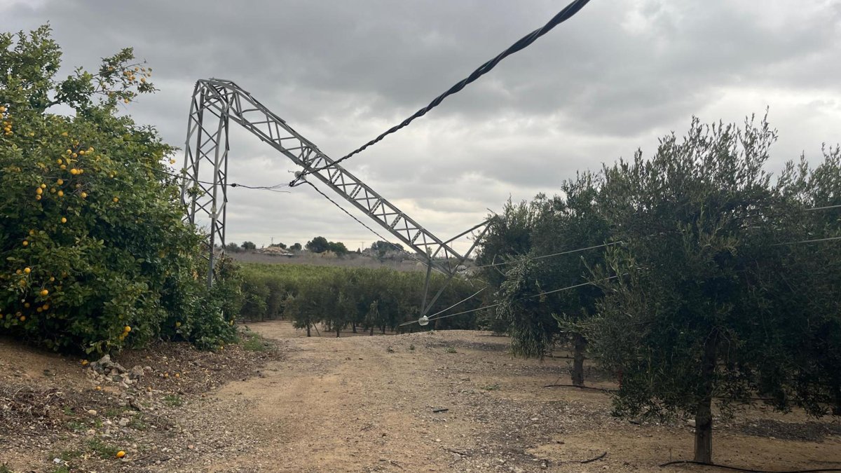 Una de les dues torres de mitja tensió que ha quedat afectada pel xoc d'un turisme, a Riudoms.