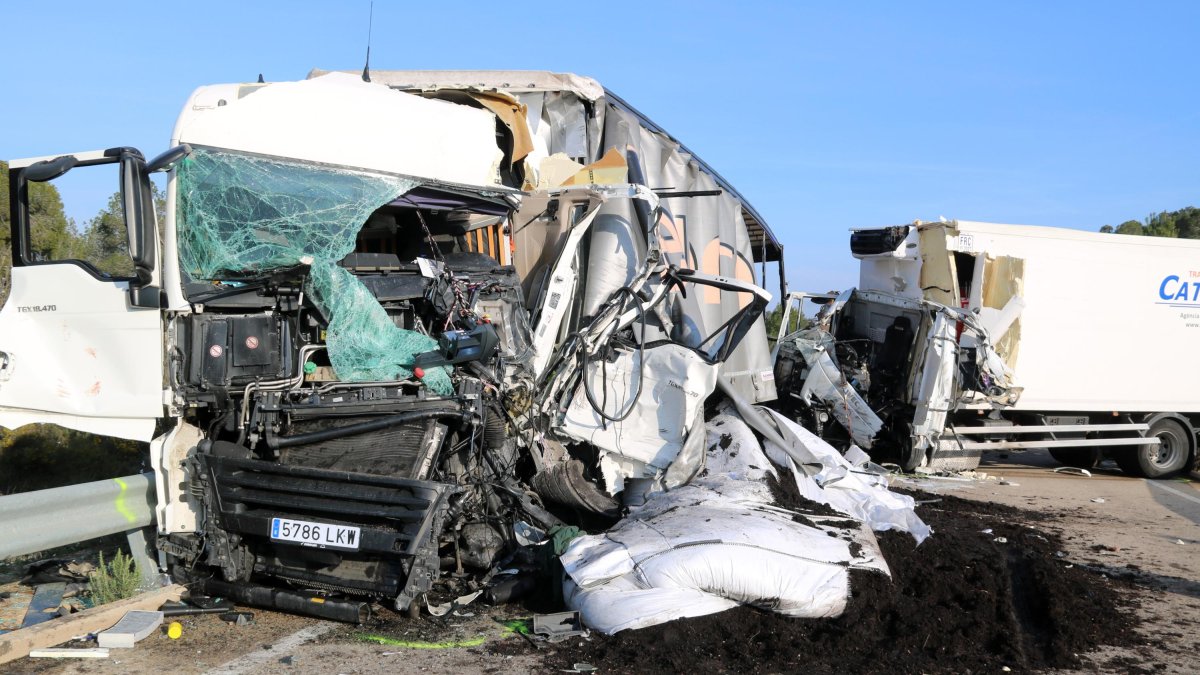 Els dos camions que han xocat a la C-221 de Batea destrossats al mig de la carretera