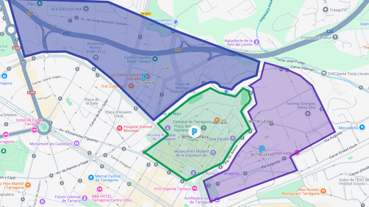 Hi haurà una zona delimitada per als residents de la Part Alta (verd), que podran estacionar també als sectors Nord (blau) i Llevant (lila).