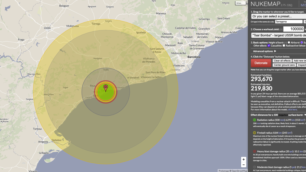Imatge que simula l'afectació de la detonació d'una bomba Tsar, la més potent produïda mai, al centre de Tarragona.