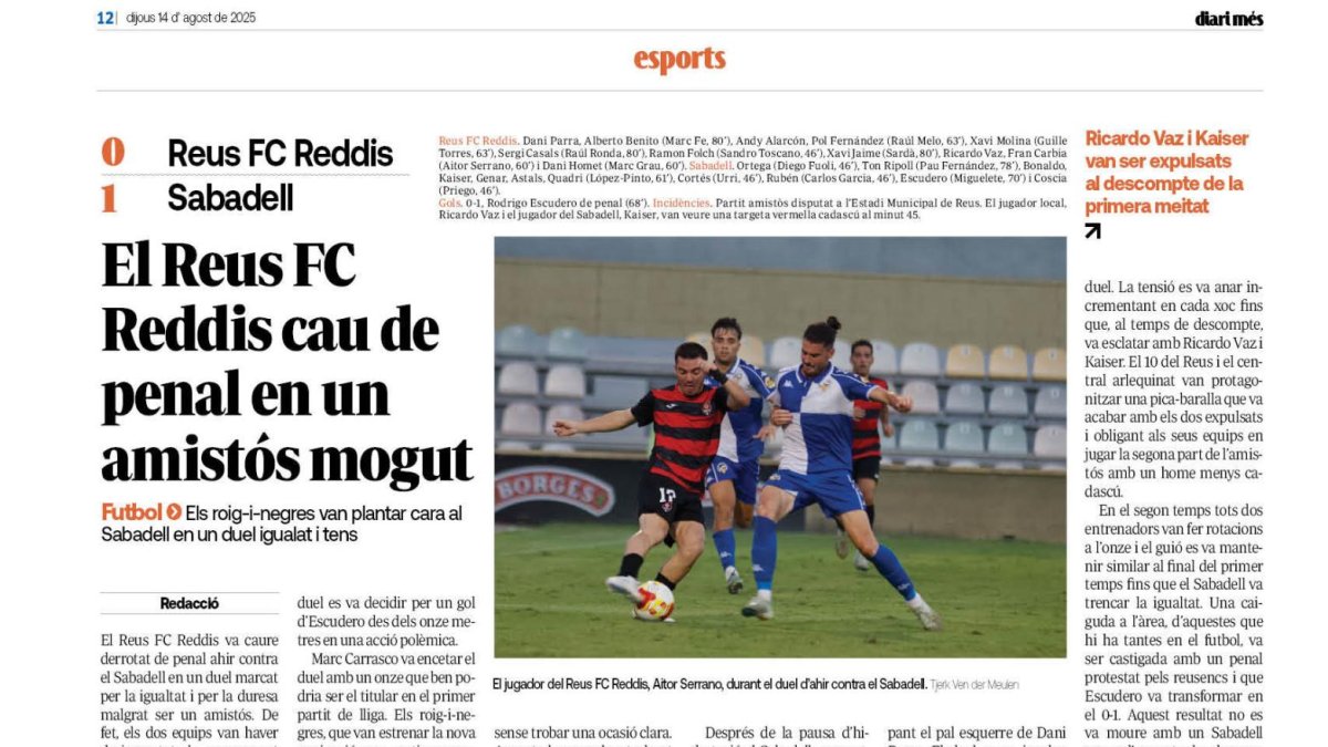 El jugador del Reus FC Reddis, Aitor Serrano, durant el duel d’ahir contra el Sabadell.