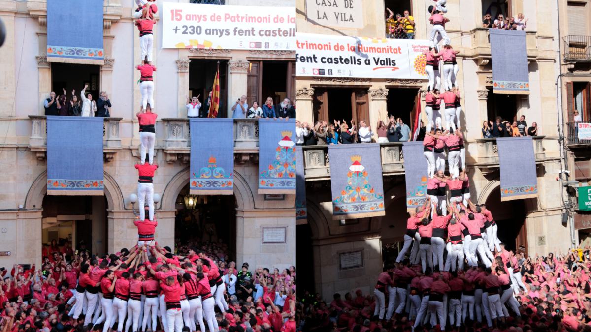 Imatges del 2 de 9 sense manilles carregat per la Colla Joves Xiquets de Valls i del 4 de 10 amb folre i manilles descarregat de la Colla Vella dels Xiquets de Valls
