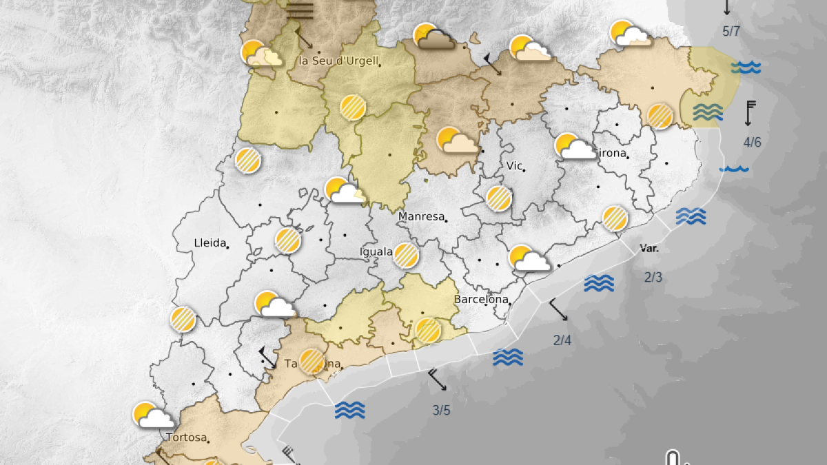 Mapa de Catalunya amb les alertes per fort vent.