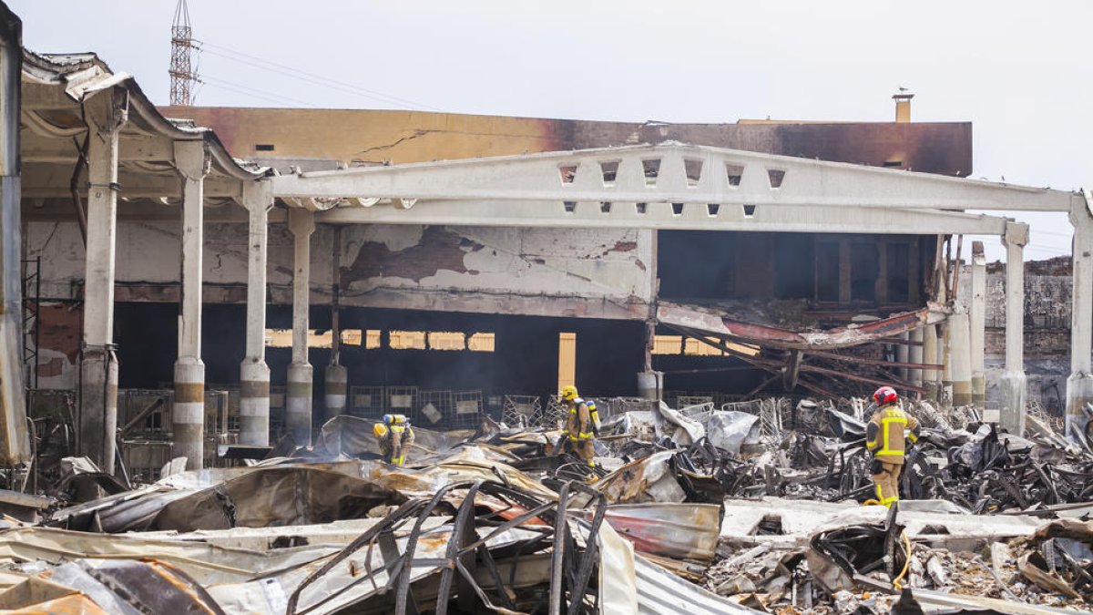 Els Bombers revisen la nau industrial de Miasa incendiada