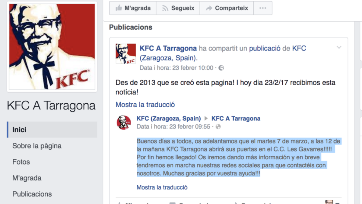 KFC anuncia per Facebook la seva obertura a Tarragona el dia 7 de març