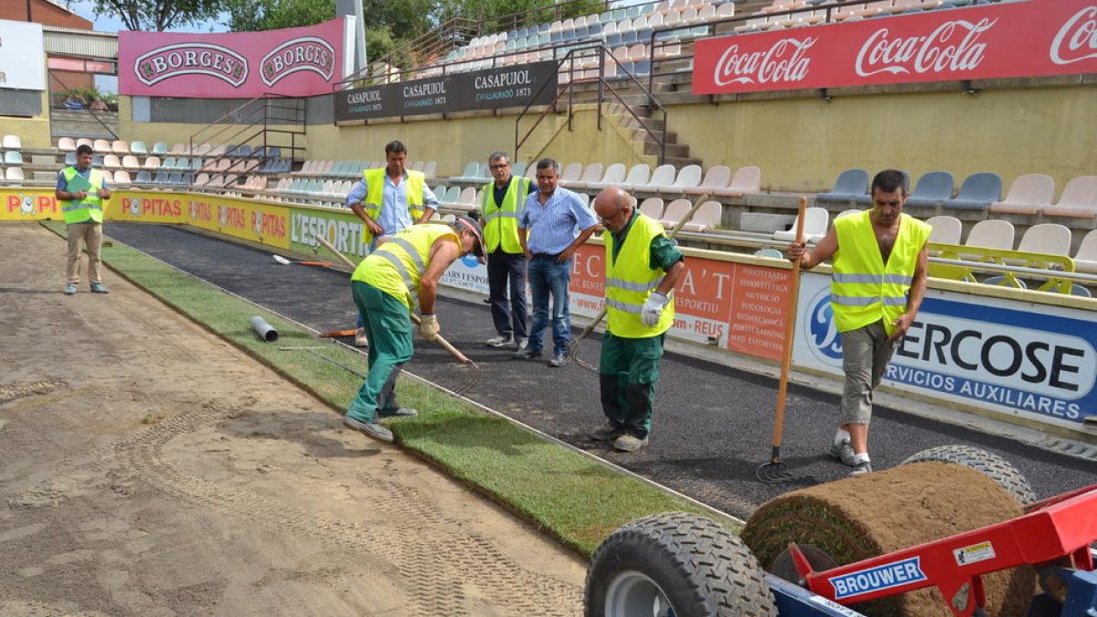 Un miler de rotlles de gespa portada de l'Ebre ja s'instal·len a l'Estadi
