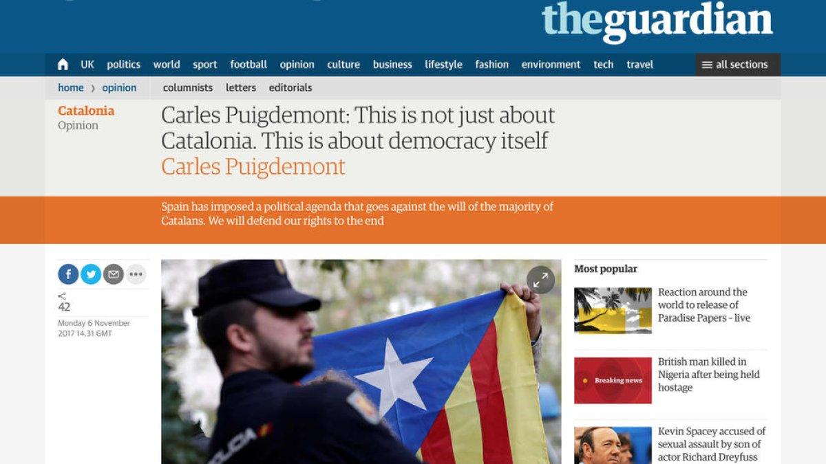 Puigdemont en 'The Guardian': «Defenderemos nuestros derechos hasta el final»