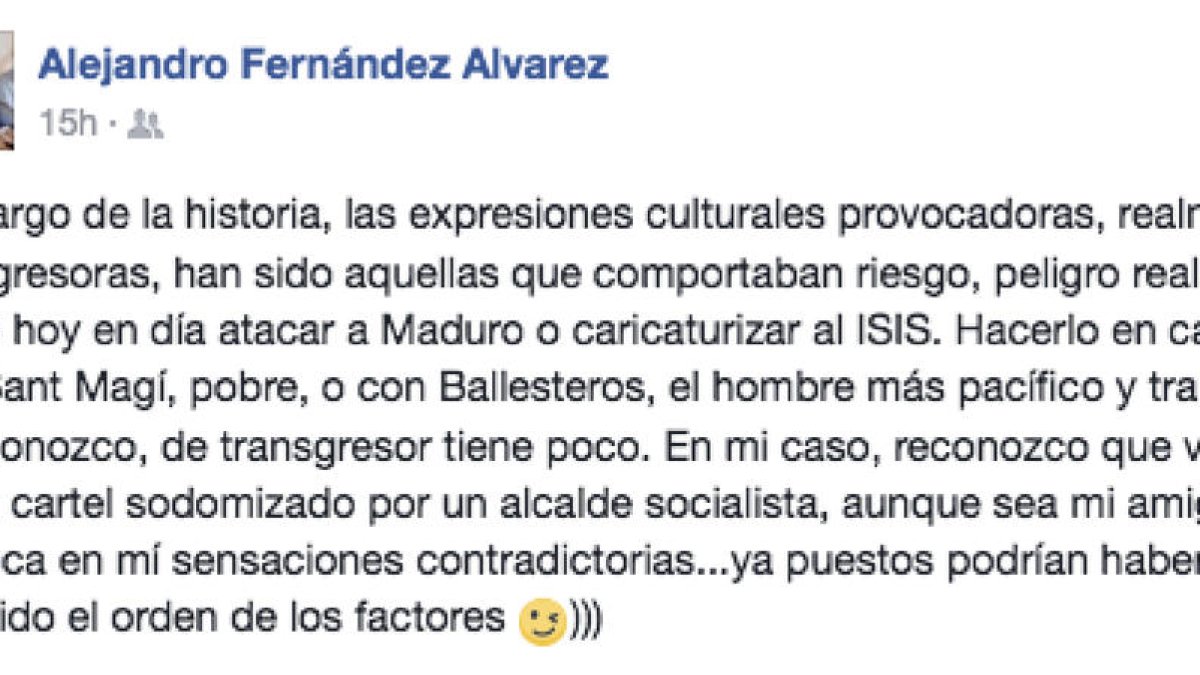 Alejandro Fernández ironitza al Facebook sobre la seva «sodomització» en el cartell d'Arran
