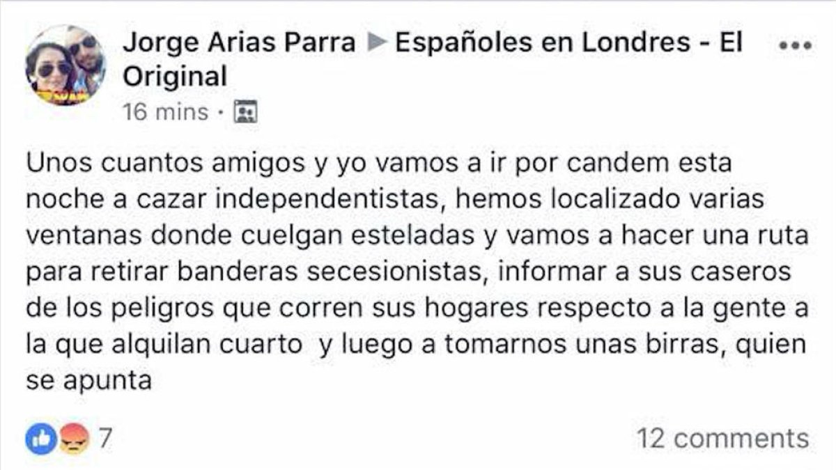 'Españoles en Londres', un grup de Facebook que convida a «caçar independentistes»