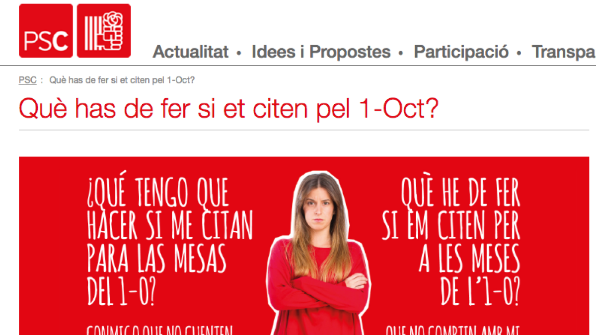El PSC ofereix al seu web models de denúncia per a ciutadans que siguin cridats a les meses o a obrir locals l'1-O