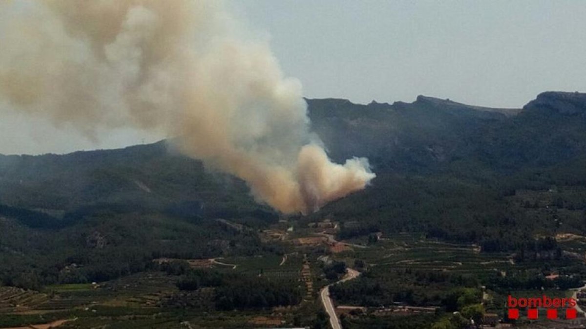 Quince dotaciones terrestres y siete aéreas de los Bomberos trabajan en un incendio en Tivissa