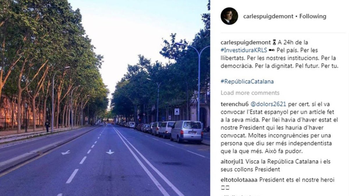 Puigdemont cuelga en Instagram una imagen de una de las calles de acceso al Parlament