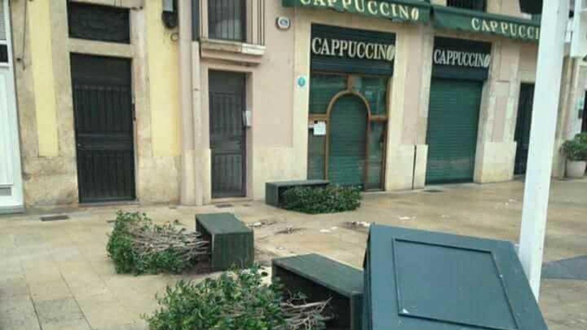 Una gamberrada en la plaza de la Font acaba con jardineras tumbadas y cristales rotos