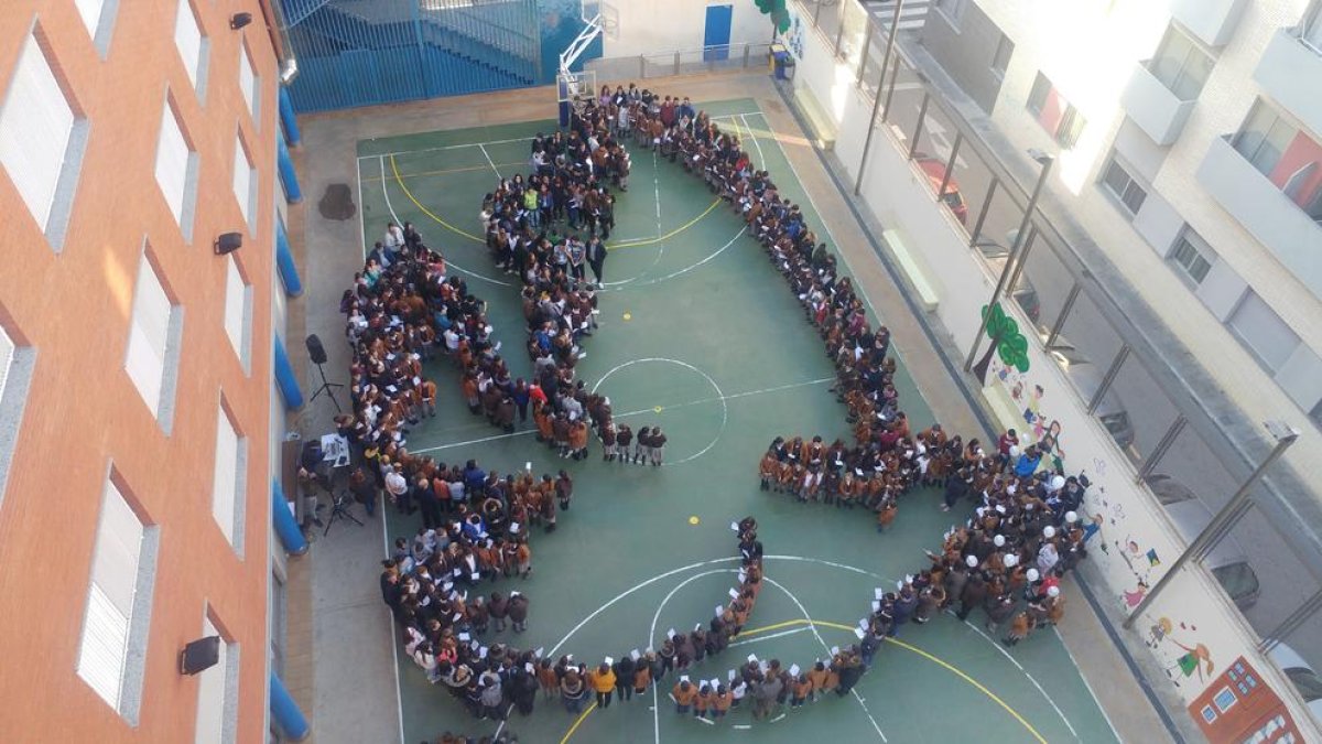 Els alumnes del Col·legi El Carme formen la figura d'un colom pel dia escolar de la no-violència