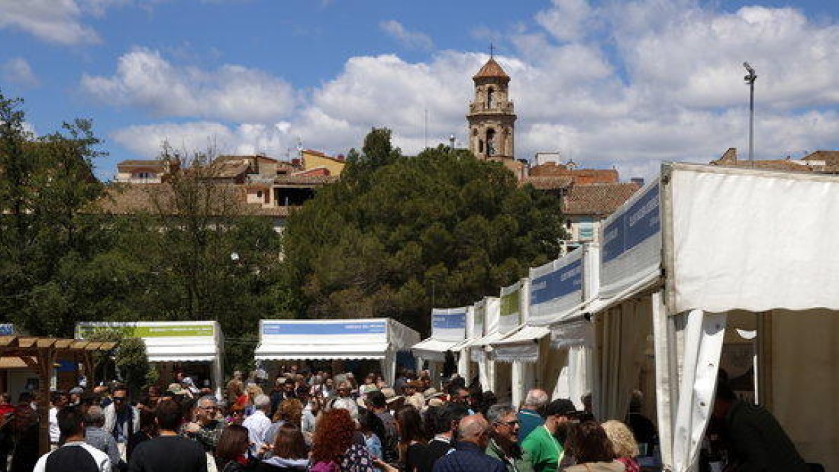 Decenas de personas delante de varios expositores de la 24ª edición de la Fira del Vi de Falset.