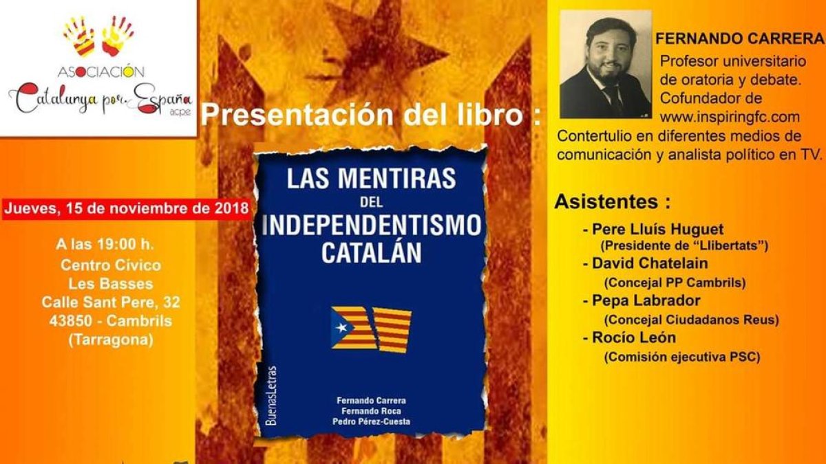 Camarines acolirà la presentación del libro 'Laso mentiras del independentismo catalán'
