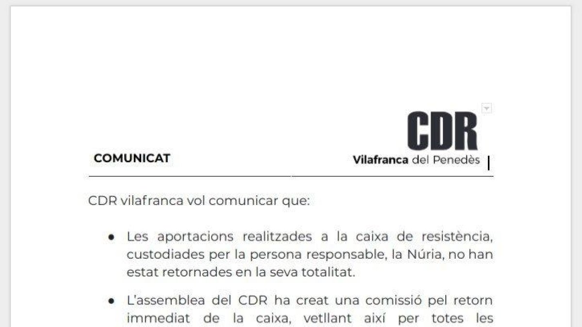 El CDR de Vilafranca denuncia el robatori de la caixa de resistència per part d'una de les seves integrants
