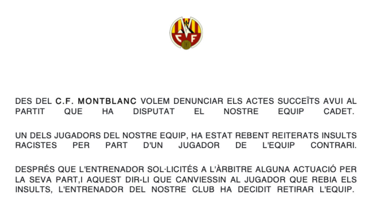 El CF Montblanc denuncia insultos racistas en un partido de cadetes