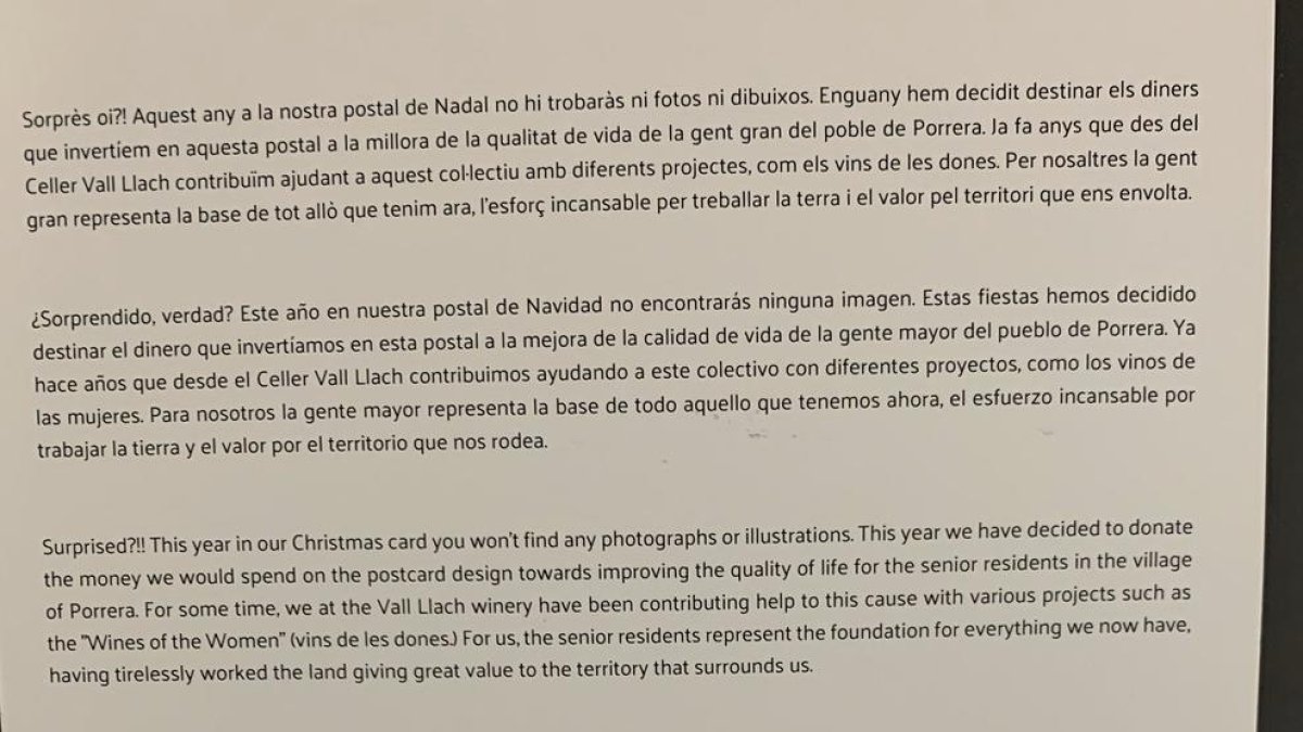 El Celler Vall Llach i la seva felicitació de Nadal austera per una bona raó