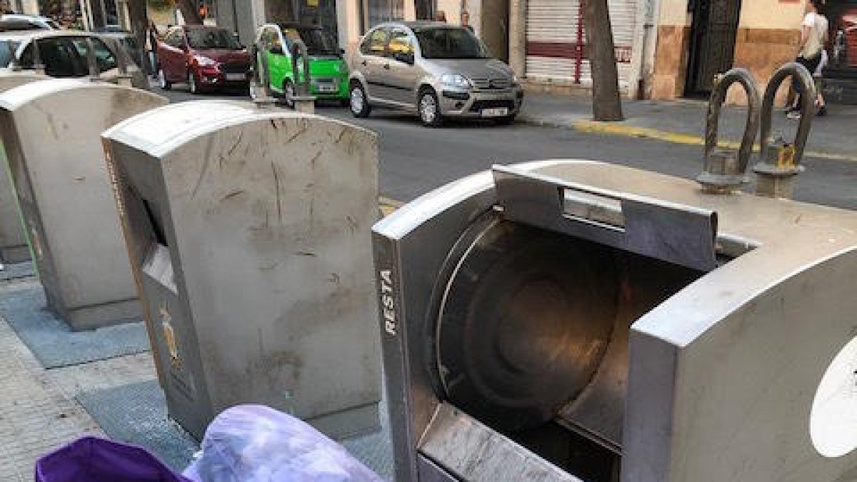 Denuncian la basura|maleza acumulada en un contenedor roto de la calle Pin i Soler