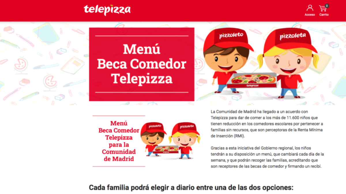 Madrid dejará de dar menús de Telepizza a los alumnos con becas comedor