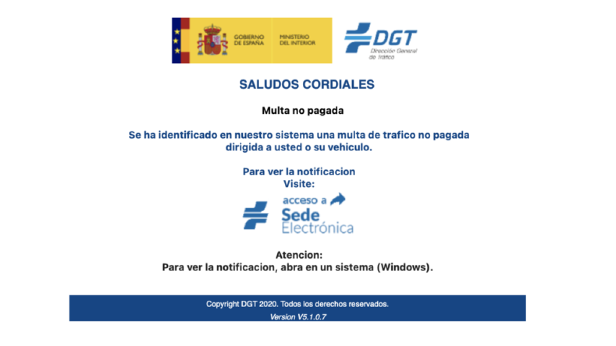 Una de les versions del correu de l'estafa que suplanta la DGT.