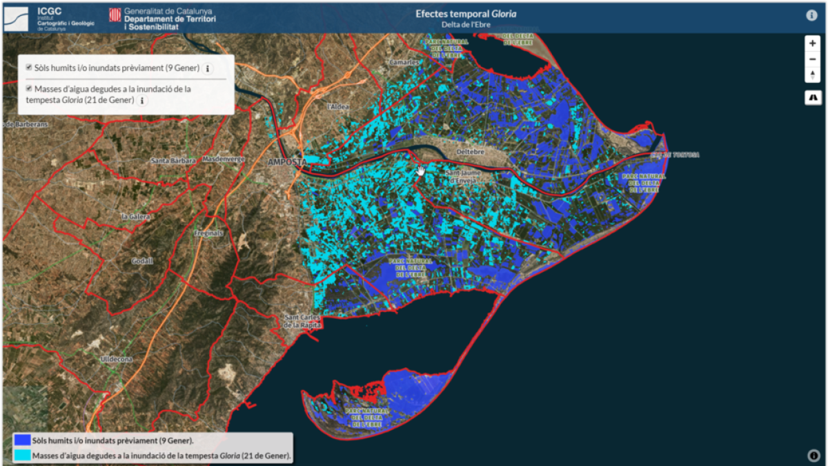 El Instituto Cartográfico y Geológico de Cataluña habilita un visor para comprobar la extensión de las inundaciones en el Delta