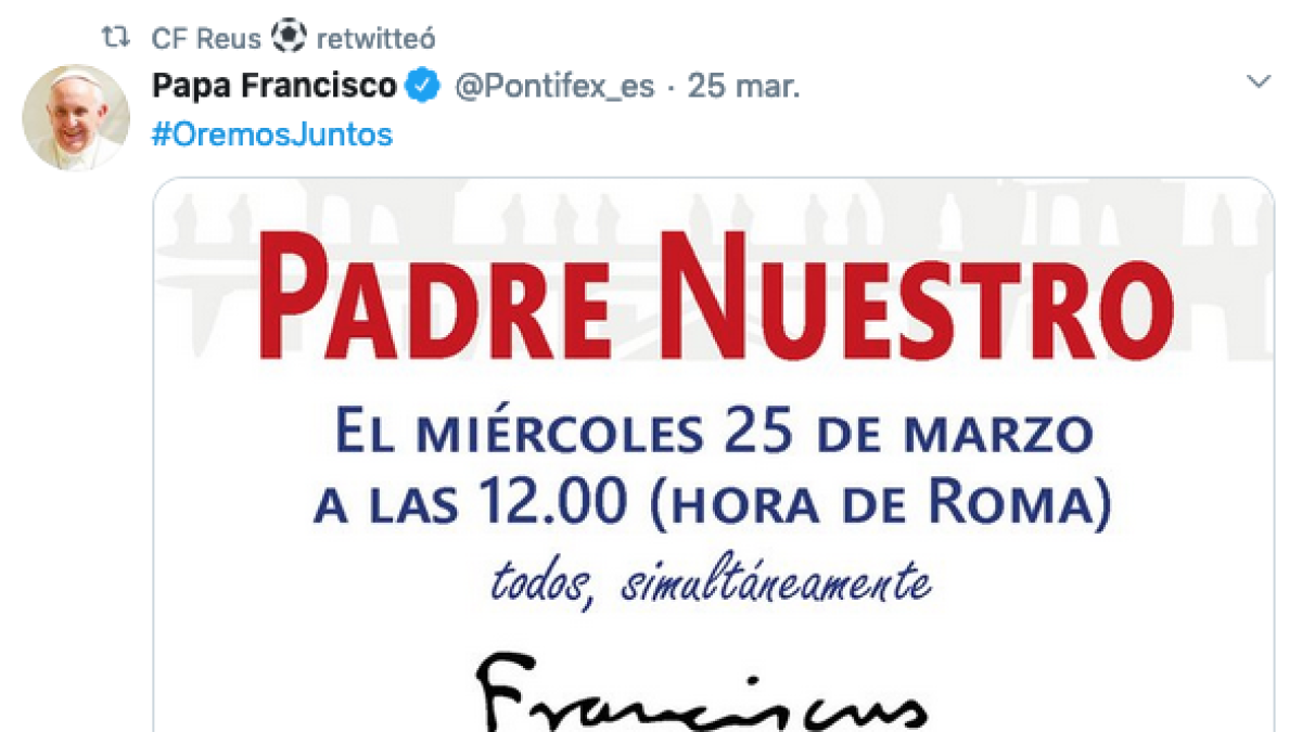 La cuenta de Twitter del CF Reus, entregado a los tuits del Papa