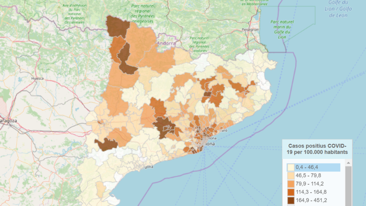 El mapa de contagios por COVID-19 por municipios de Cataluña