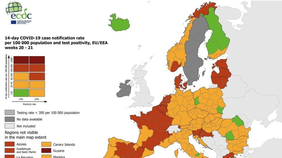 Cataluña sale de la zona roja de contagios al mapa de la UE sobre la covid-19