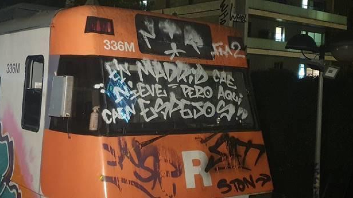 Imatge d'arxiu d'un tren de Rodalies amb grafitis.