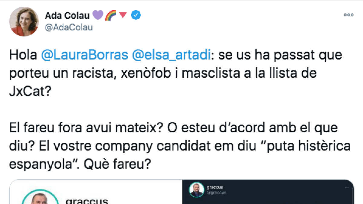 Polèmica pels tuits del número 65 de la llista de JxCat contra Colau i les persones espanyoles