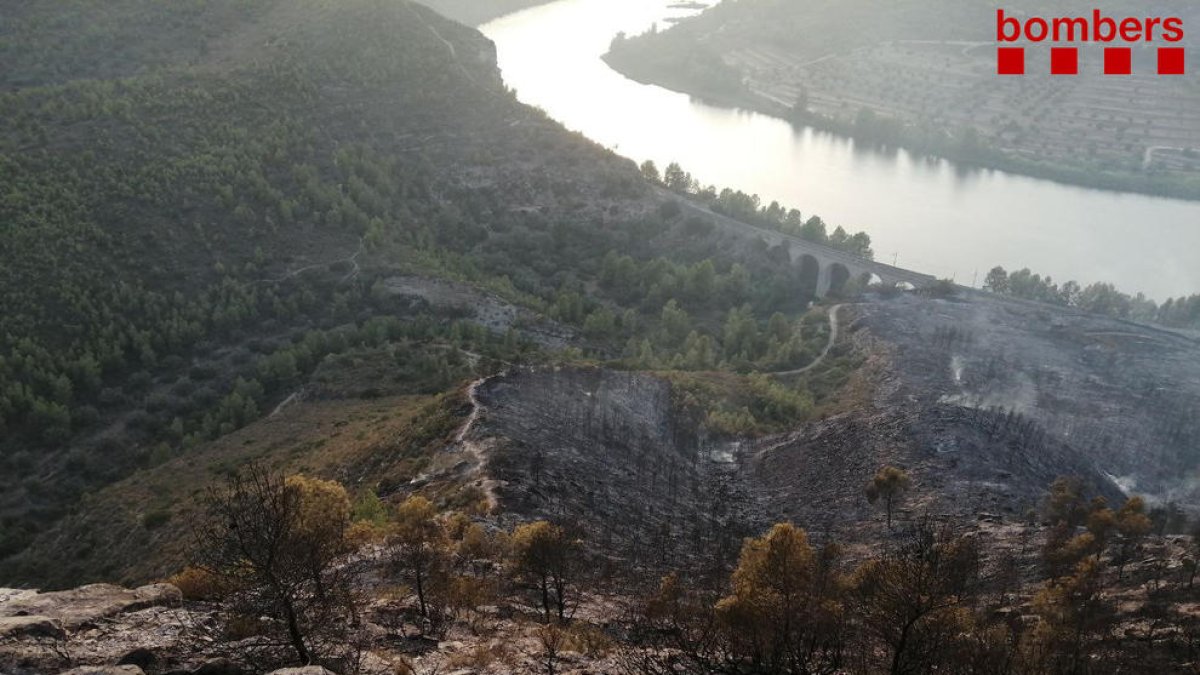 Los Bomberos mantienen estable el flanco del incendio que quemó ayer 75 hectáreas en la Pobla de Massaluca