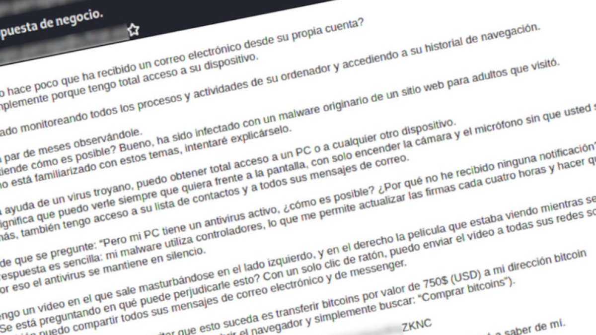 Alertan de correos que extorsionan a los usuarios con difundir supuestos vídeos íntimos