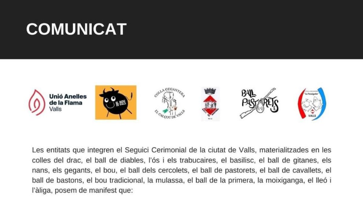 Las entidades del Séquito Ceremonial de Valls piden la dimisión de Jordi Bertran