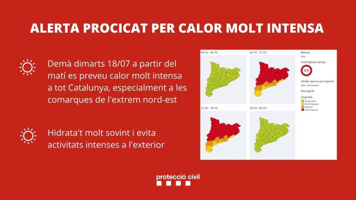 Protecció Civil activa l'Alerta calor molt intensa i generalitzada aquest dimarts